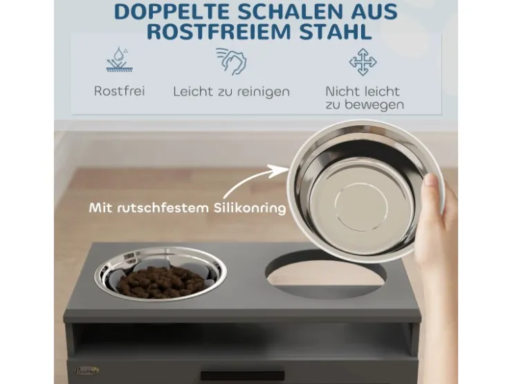 PawHut Futterstation Hundenäpfe MDF Stahl Grau 60L x 30B x 35H cm* Hundebedarf