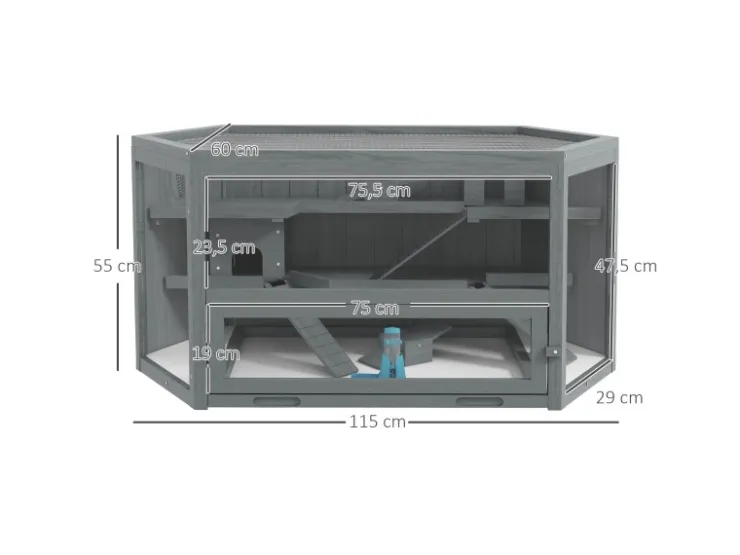 PawHut Hamsterkäfig Tannenholz PS-Plexiglas Grau 115L x 60B x 55H cm