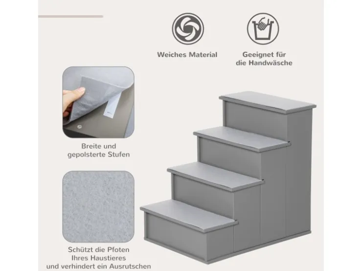 PawHut Haustiertreppe MDF Kurzplüsch Grau 40L x 59B x 54,2H cm