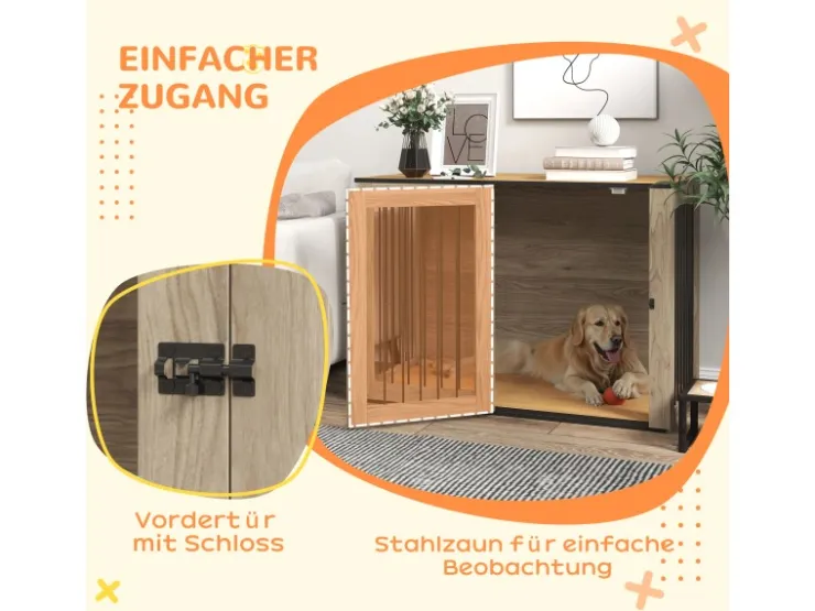 PawHut Hundekäfig Hundebox Stahl MDF Eiche 106B x 60T x 76H cm* Hundebedarf
