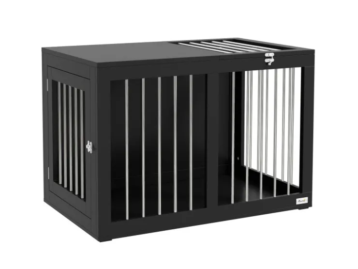 PawHut Hundekäfig Hundehütte Stahl MDF Schwarz 80L x 50B x 56,5H cm