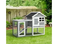PawHut Kaninchenstall Tannenholz Grau Weiß Schwarz 122 x 62,6 x 92 cm* Kleintierbedarf