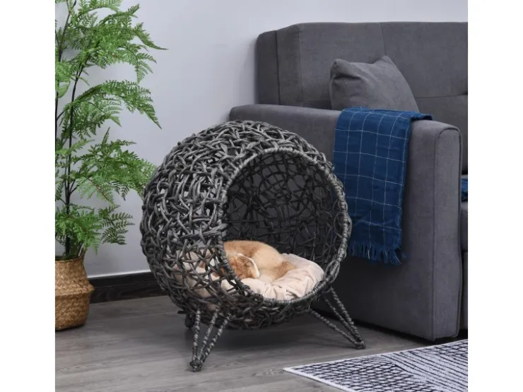 PawHut Katzenhaus aus Rattan mit Kissen Erhöhten Füßen* Katzenbedarf|Kissen