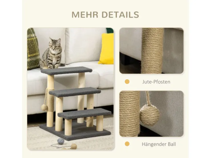 PawHut Katzentreppe 3-Stufig 48 cm mit Sisalsäule Spielball* Katzenbedarf