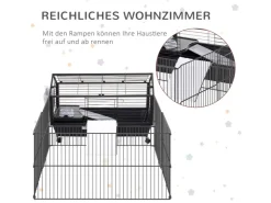 PawHut Kleintierstall mit Klappbarem Auslaufbereich Schwarz 88 x 128,5 x 56 cm* Kleintierbedarf