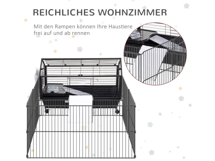 PawHut Kleintierstall mit Klappbarem Auslaufbereich Schwarz 88 x 128,5 x 56 cm* Kleintierbedarf