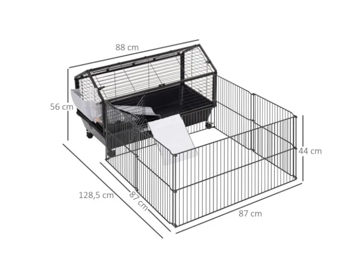PawHut Kleintierstall mit Klappbarem Auslaufbereich Schwarz 88 x 128,5 x 56 cm* Kleintierbedarf