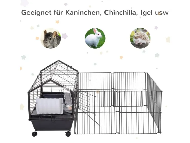PawHut Kleintierstall mit Klappbarem Auslaufbereich Schwarz 88 x 128,5 x 56 cm* Kleintierbedarf