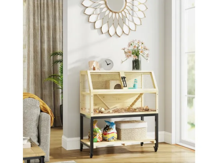 PawHut Zwerghamsterkäfig Tannenholz Stahl Naturholz 87L x 43B x 101H cm