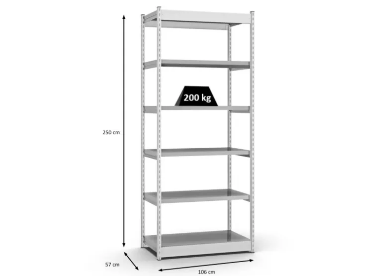PROREGAL Fachbodenregal Stecksystem Vierkant-Profil Grundregal HxBxT 250 x 102,5 x 50 cm 6 Ebenen Einseitige Bauart Fachlast 200 kg