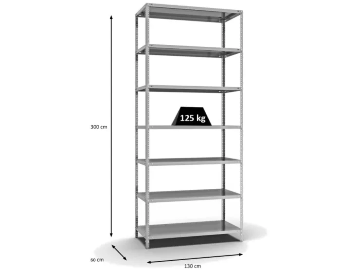 PROREGAL Fachbodenregal Schraubsystem Light-Duty Grundregal HxBxT 300 x 130 x 60 cm 7 Ebenen Fachlast 125 kg Beidseitig Nutzbar