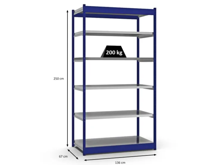 PROREGAL Fachbodenregal Stecksystem Vierkant-Profil Grundregal HxBxT 250 x 132,5 x 60 cm 6 Ebenen Einseitige Bauart Fachlast 200 kg Enzian