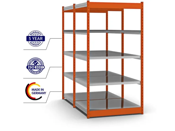 PROREGAL Fachbodenregal Stecksystem Vierkant-Profil Grundregal HxBxT 200 x 102,5 x 80 cm 2x5 Ebenen Doppelseitige Bauart Fachlast 200 kg