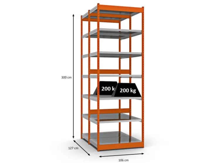 PROREGAL Fachbodenregal Stecksystem Vierkant-Profil Grundregal HxBxT 300 x 102,5 x 60 cm 2x7 Ebenen Doppelseitige Bauart Fachlast 200 kg