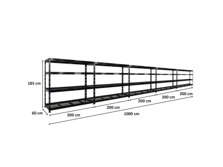 PROREGAL Mega Deal 5x Profi Schwerlastregal Rhino HxBxT 180x200x60cm 4 Gitterrost-Ebenen Fachlast 500kg Schwarz
