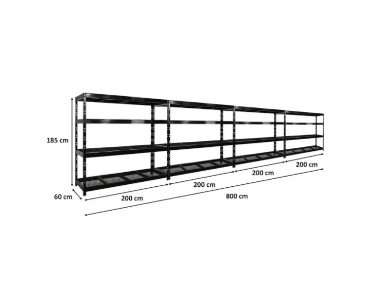 PROREGAL Mega Deal 4x Profi Schwerlastregal Rhino HxBxT 180x200x60cm 4 Gitterrost-Ebenen Fachlast 500kg Schwarz