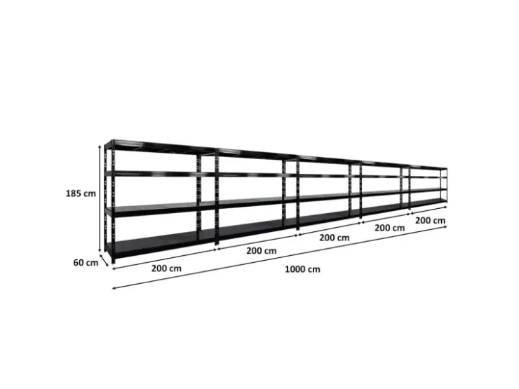 PROREGAL Mega Deal 5x Profi Schwerlastregal Rhino HxBxT 180x200x60cm 4 Stahlplatten-Ebenen Fachlast 500kg Schwarz* Regalsysteme