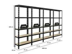 PROREGAL Mega Deal 4x Schwerlastregal APOLLO HxBxT 180 x 75 x 30 cm Fachlast 175kg Schwarz