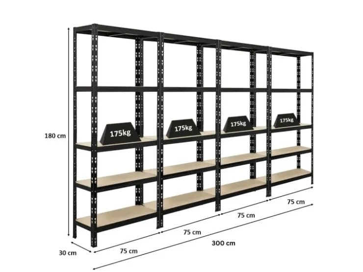 PROREGAL Mega Deal 4x Schwerlastregal APOLLO HxBxT 180 x 75 x 30 cm Fachlast 175kg Schwarz