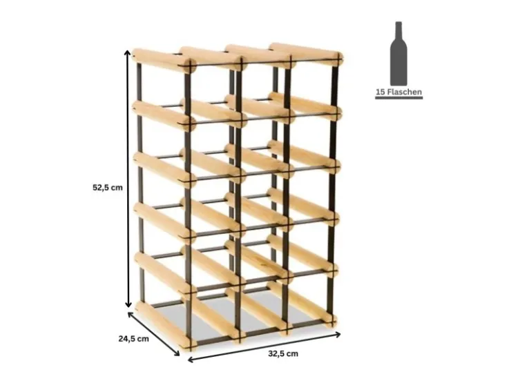PROREGAL Modulares Weinregal Vinotega Mod Metal HxBxT 52,5 x 32,5 x 24,5 cm 3 x 5 Flaschen Massives Kiefernholz Geölt* Flaschenregale