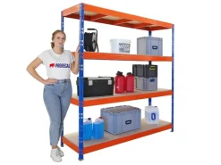 PROREGAL Profi Schwerlastregal Rhino HxBxT 200x200x60cm 4 Spanplatten-Ebenen 16mm Fachlast 500kg Blau/Orange Stecksystem Lagerregal Steckregal