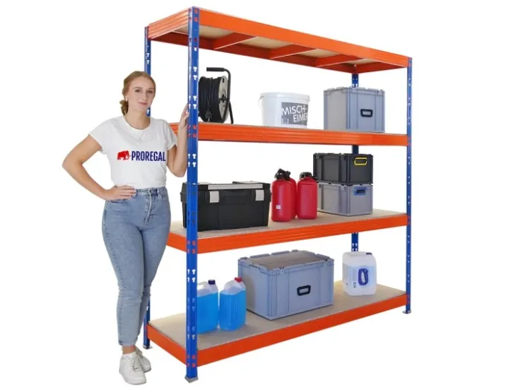 PROREGAL Profi Schwerlastregal Rhino HxBxT 200x200x60cm 4 Spanplatten-Ebenen 16mm Fachlast 500kg Blau/Orange Stecksystem Lagerregal Steckregal