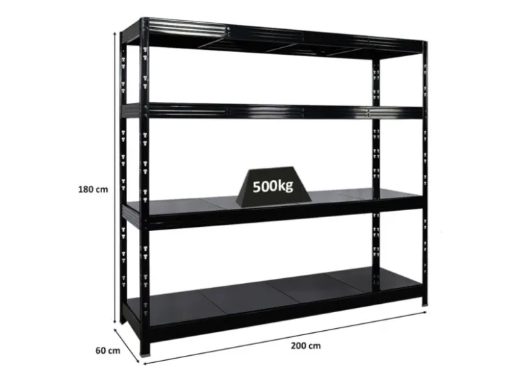 PROREGAL Profi Schwerlastregal Rhino HxBxT 180x200x60cm 4 Stahlplatten-Ebenen Fachlast 500kg Schwarz Stecksystem Lagerregal Regalsystem