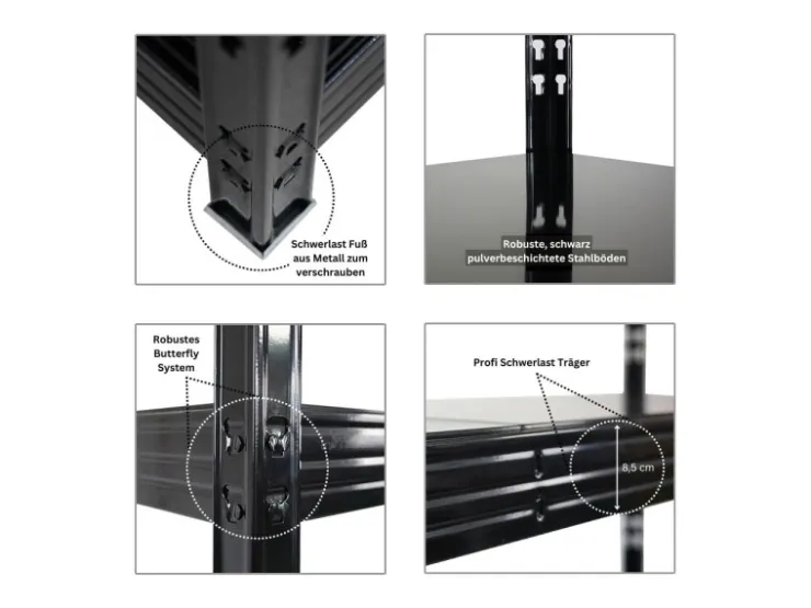 PROREGAL Profi Schwerlastregal Rhino HxBxT 180x200x60cm 4 Stahlplatten-Ebenen Fachlast 500kg Schwarz Stecksystem Lagerregal Regalsystem