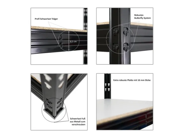 PROREGAL Profi Schwerlastregal Rhino HxBxT 200x200x60cm 4 Melamin-Ebenen 16mm Fachlast 500kg Stecksystem Lagerregal Steckregal* Regale Schwarz|Schwerlastregal