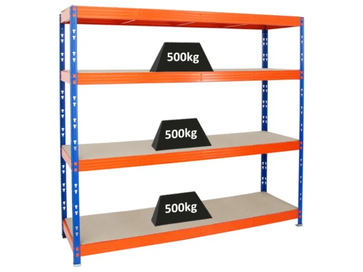 PROREGAL Profi Schwerlastregal Rhino HxBxT 180 x 200 x 60 cm 4 Spanplatten-Ebenen 8mm Fachlast 500 kg Blau/Orange