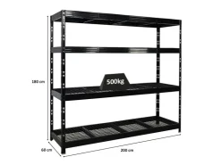 PROREGAL Profi Schwerlastregal Rhino HxBxT 180x200x60cm 4 Gitterrost-Ebenen Fachlast 500kg Schwarz Stecksystem Lagerregal Regalsystem