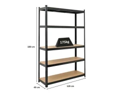 PROREGAL Schwerlastregal Ragnar für Gesamtlast 875 kg HxBxT 180 x 120 x 40 cm Kellerregal Steckregal Garagenregal Lagerregal* Metallregale|Regale Schwarz