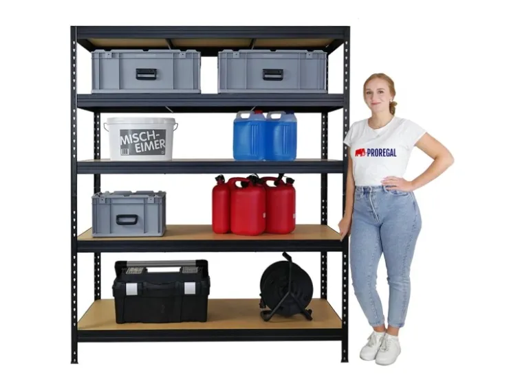 PROREGAL Schwerlastregal Rivet HxBxT 180x150x60 cm Fachlast 250kg Innovatives Stecksystem Schwarz* Regale Schwarz|Schwerlastregal