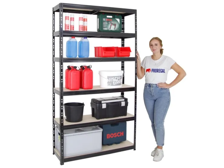PROREGAL Schwerlastregal Giant Tiger XL HxBxT 220 x 120 x 40 cm Fachlast 265 kg 6-Ebenen Schwarz* Schwerlastregal