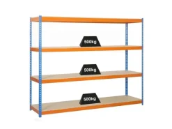 PROREGAL Schwerlastregal Wood Beast Four HxBxT 200 x 240 x 60 cm 4 Ebenen Fachlast 400 kg Blau-Orange* Metallregale