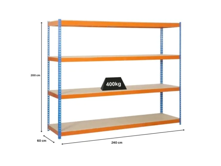 PROREGAL Schwerlastregal Wood Beast Four HxBxT 200 x 240 x 60 cm 4 Ebenen Fachlast 400 kg Blau-Orange* Metallregale