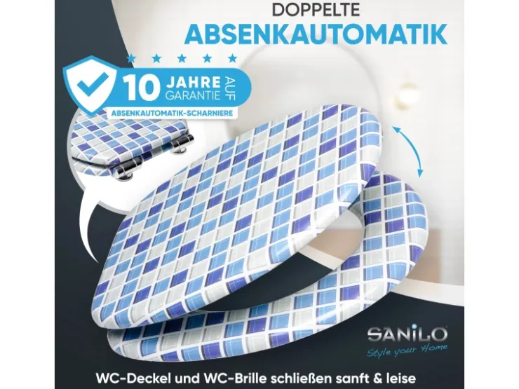 Sanilo WC Sitz mit Absenkautomatik Mosaik Blau, Hochwertiger und Stabiler Toilettendeckel aus Holz