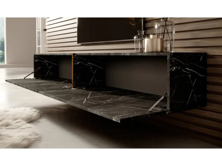 Selsey TV-Hängeboard Bisira 200 cm Schwarze Marmoroptik mit Goldenem Einsatz