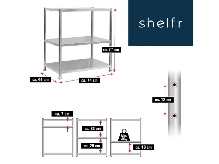 shelfr Edelstahl Schwerlastregal bis 120 kg auf 3 Ebenen 74 x 41 x 77 cm* Flaschenregale|Schwerlastregal