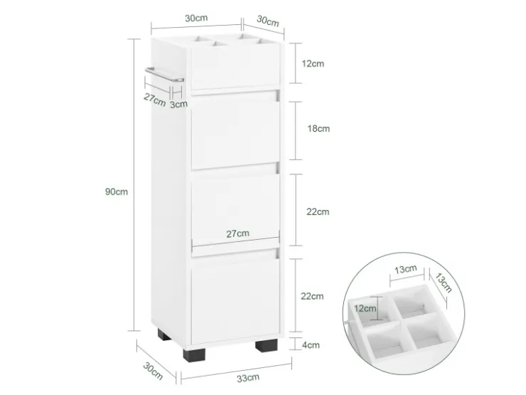 SoBuy Badezimmerschrank Badschrank mit 3 Schubladen und 4 Fächern 33x90x30cm Weiß BZR29-W
