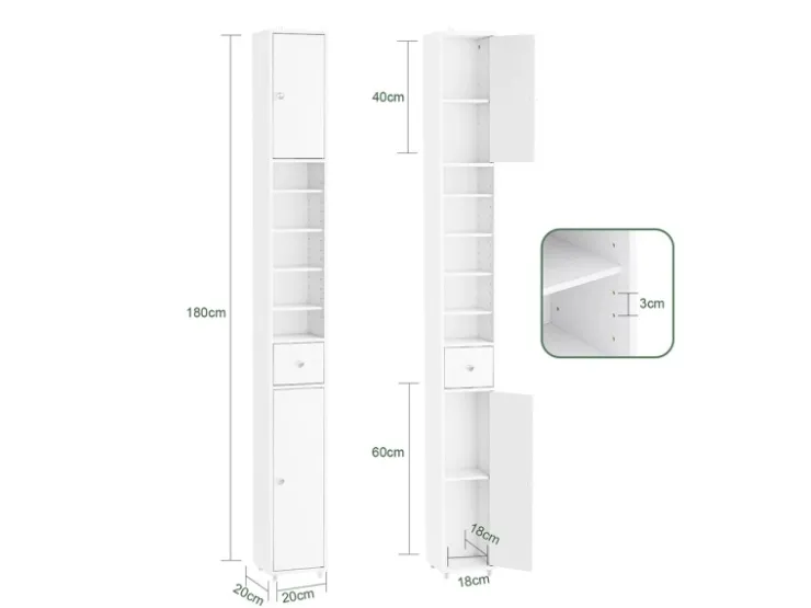 SoBuy Badezimmerschrank Hochschrank Badregal mit 6 Einlegeböden 20x180x20cm BZR34-II-W* Regal Weiß