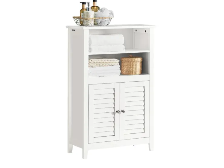 SoBuy Badschrank Sideboard mit 2 Ablagen und Lamellentüren 60x90x26cm Weiß BZR13-W
