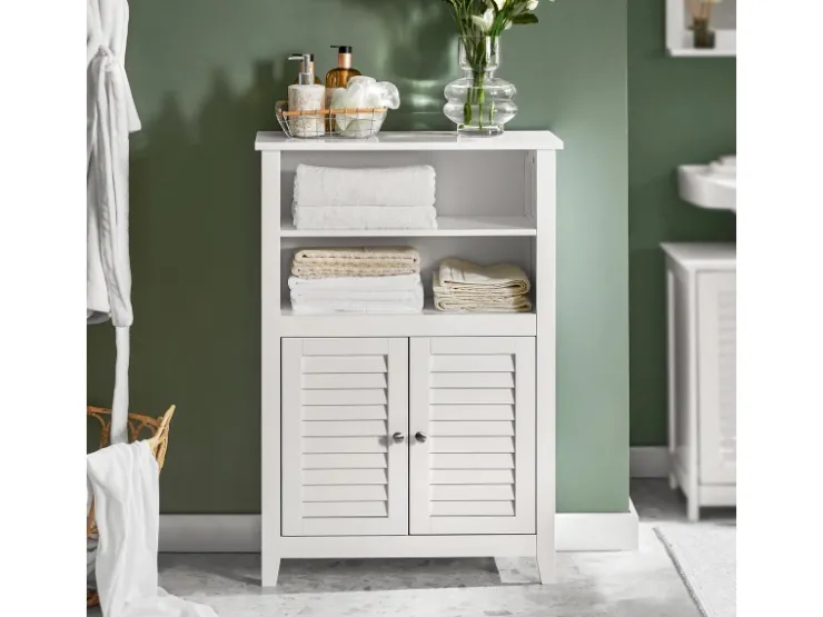 SoBuy Badschrank Sideboard mit 2 Ablagen und Lamellentüren 60x90x26cm Weiß BZR13-W