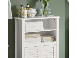 SoBuy Badschrank Sideboard mit 2 Ablagen und Lamellentüren 60x90x26cm Weiß BZR13-W