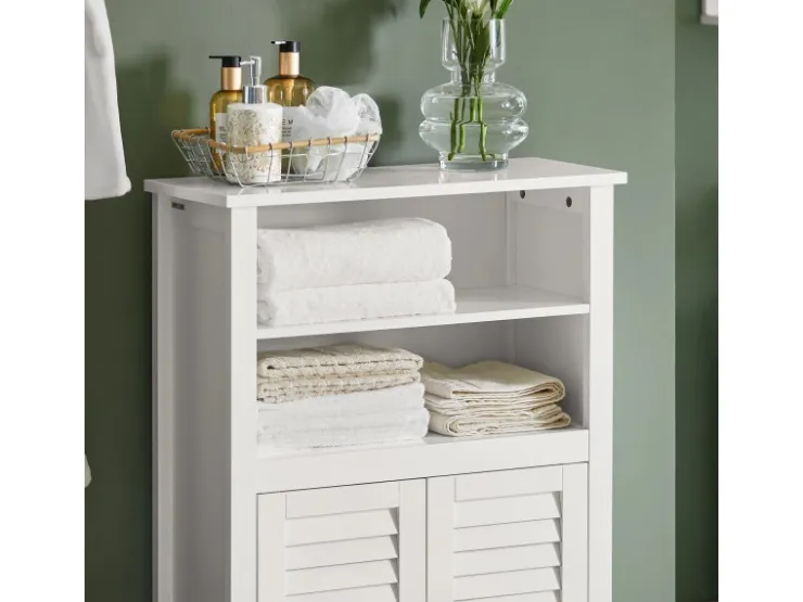 SoBuy Badschrank Sideboard mit 2 Ablagen und Lamellentüren 60x90x26cm Weiß BZR13-W