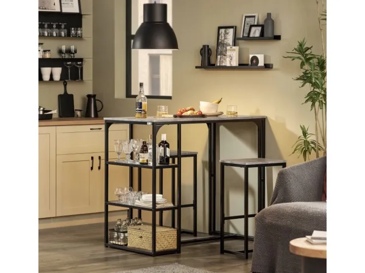 SoBuy Bartisch mit 2 Stühlen Esszimmer MDF Metall Grau OGT43-HG