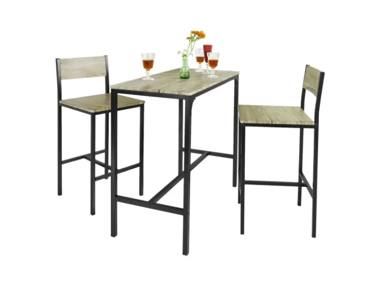 SoBuy Bartisch Set mit 2 Barhockern Holz Metall Natur Schwarz OGT03-N* Möbelserien