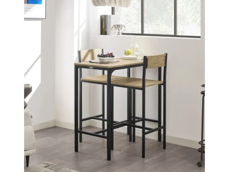 SoBuy Bartisch Set mit 2 Barhockern Holz Metall Natur Schwarz OGT03-N* Möbelserien