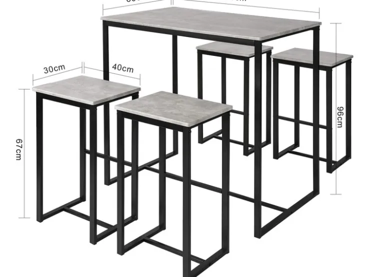 SoBuy Bartisch Set 5-teilig Essgruppe Esstisch mit 4 Hockern Grau-Schwarz OGT15-HG
