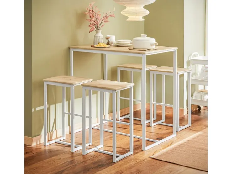 SoBuy Bartisch Set 5-teilig Essgruppe Esstisch mit 4 Hockern Weiß-Natur OGT15-WN